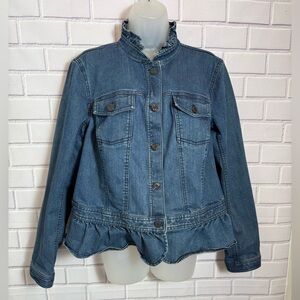 Talbots Y2K Ruffle Collar Peplum Denim Jacket Blue Classic Feminine/size L